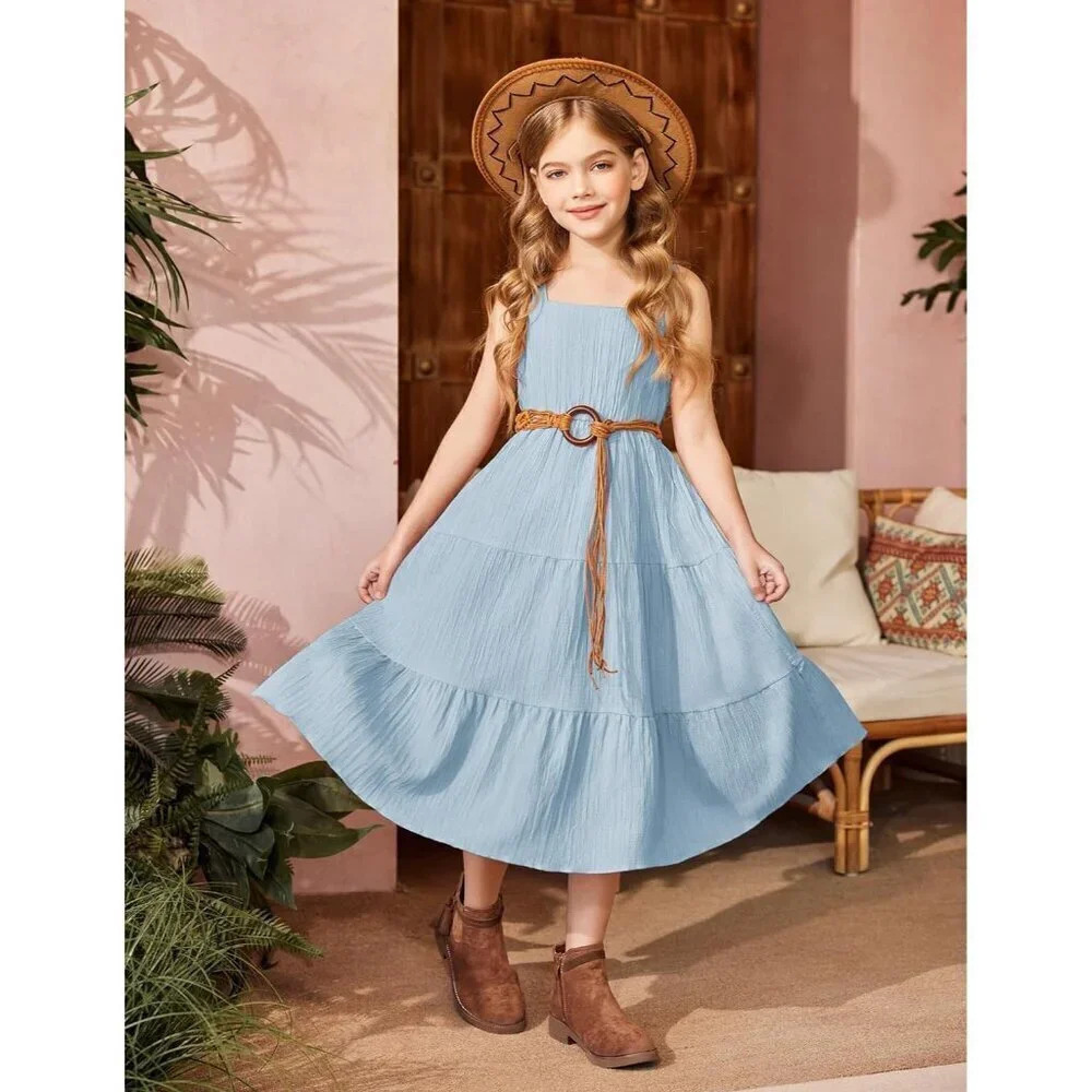 Girl's Sundresses Summer Boho Strap Tiered Cami Maxi Dresses with Pockets - Picture 2 of 6
